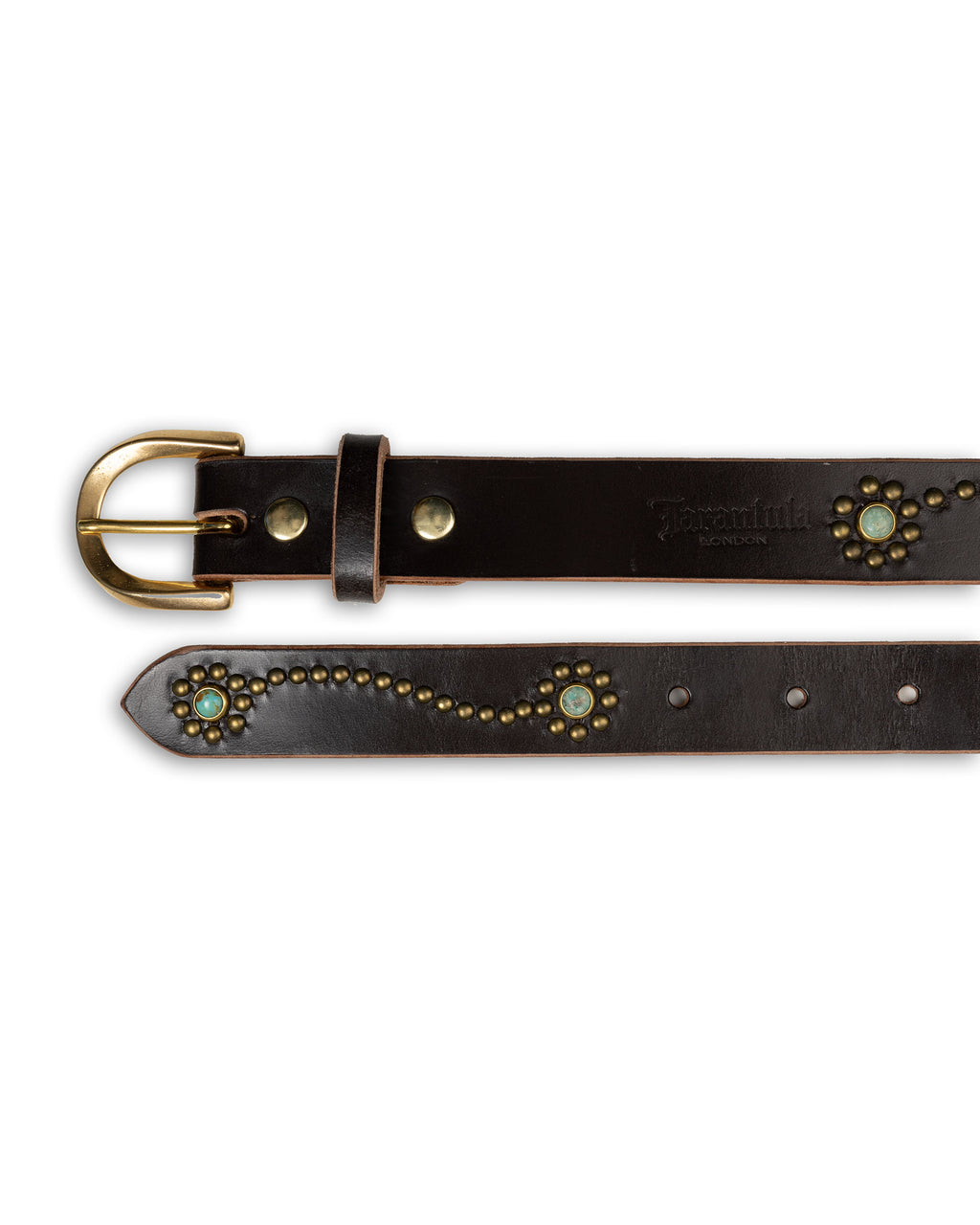 Black leather belt with brass hardware and decorative elements on a white background