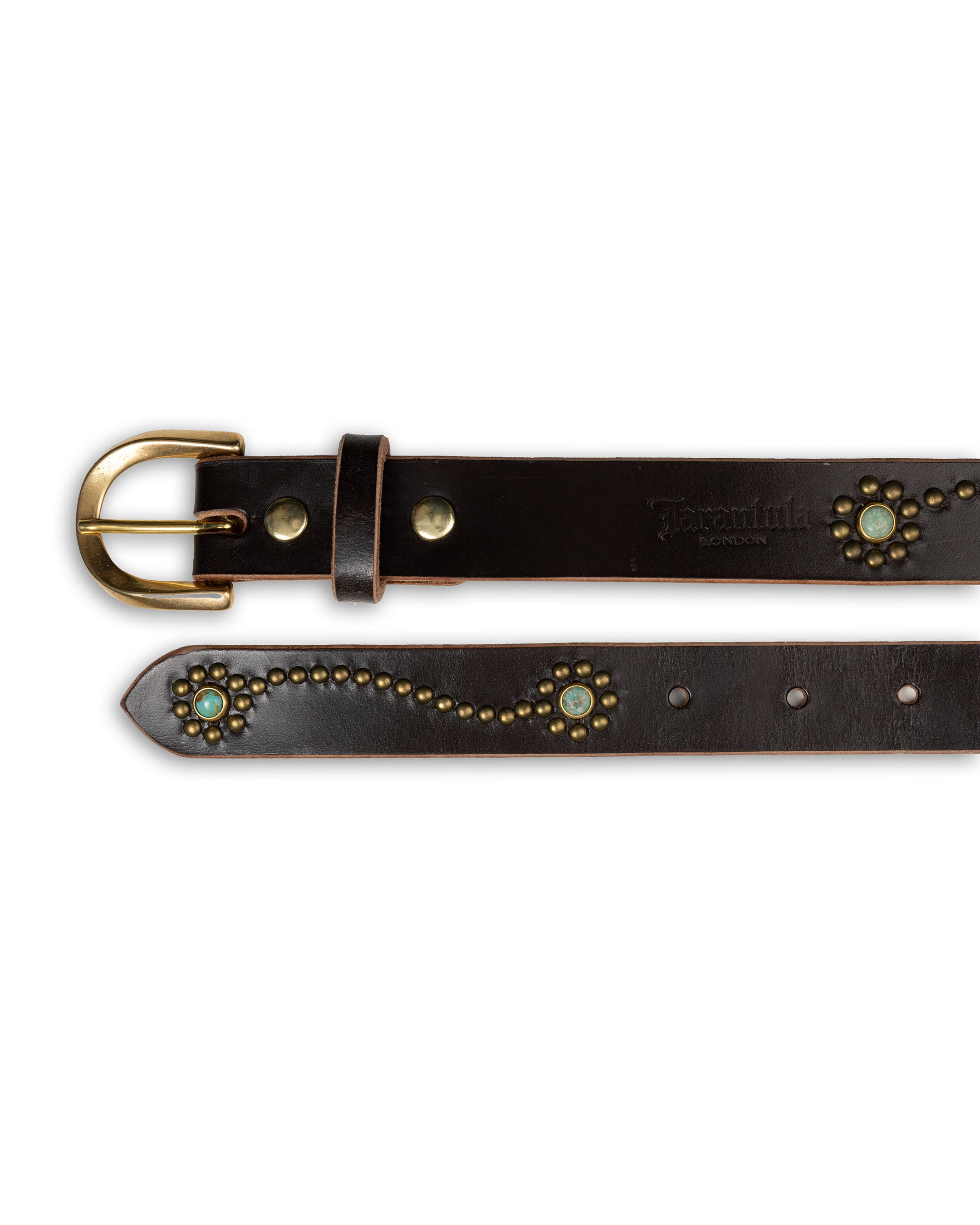 Black leather belt with brass hardware and decorative elements on a white background