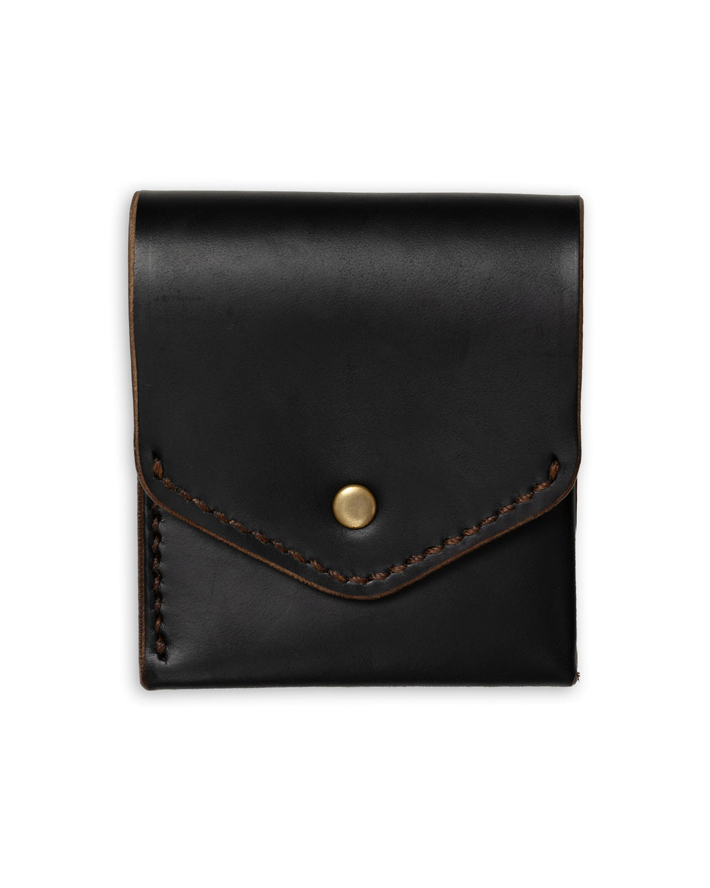 Black leather pouch with a gold button on a white background