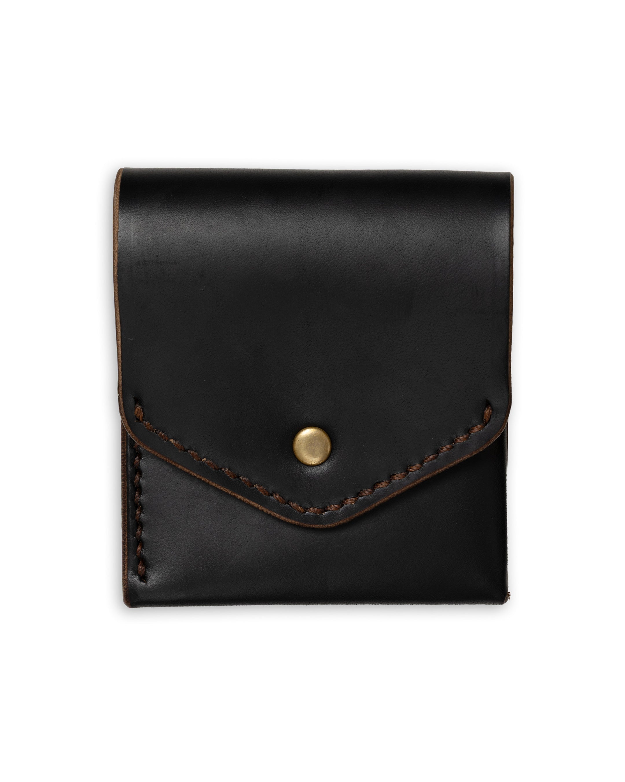 Black leather pouch with a gold button on a white background
