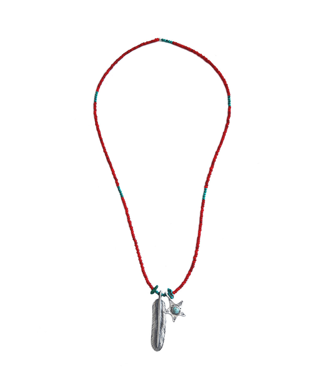 A beaded necklace featuring a red cord with small turquoise accents and a silver-toned pendant shaped like a feather with a small star charm.