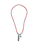 A beaded necklace featuring a red cord with small turquoise accents and a silver-toned pendant shaped like a feather with a small star charm.